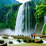 Majestic Waterfall Scene**

A panoramic view of Bản Giốc Waterfall in Cao Bằng, Vietnam. Lush green foliage surrounds the cascading water. Mist rises from the base of the falls. The sky is bright and clear. Fully clothed tourists are admiring the view from a safe distance. Safe for work, appropriate content, professional photography, perfect anatomy, natural proportions, family-friendly, high resolution.

**