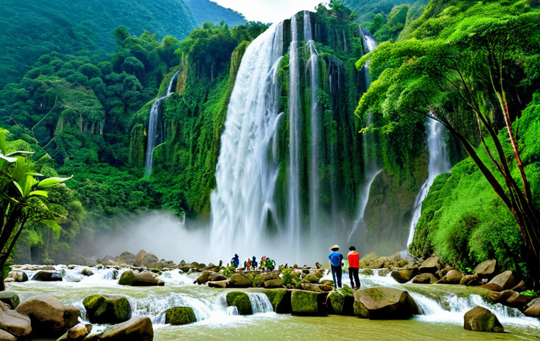 Majestic Waterfall Scene**

A panoramic view of Bản Giốc Waterfall in Cao Bằng, Vietnam. Lush green foliage surrounds the cascading water. Mist rises from the base of the falls. The sky is bright and clear. Fully clothed tourists are admiring the view from a safe distance. Safe for work, appropriate content, professional photography, perfect anatomy, natural proportions, family-friendly, high resolution.

**